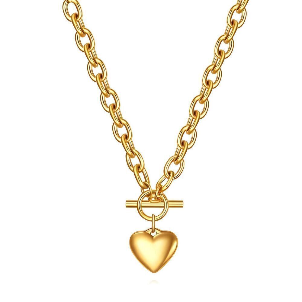 18K Gold Plated Stainless Steel "Heart" Necklace Chunky Women's Jewelry